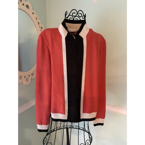 St. John Sport Marie Gray Knit Orange Zippered Cardigan Jacket Size L Santana - Picture 1 of 9
